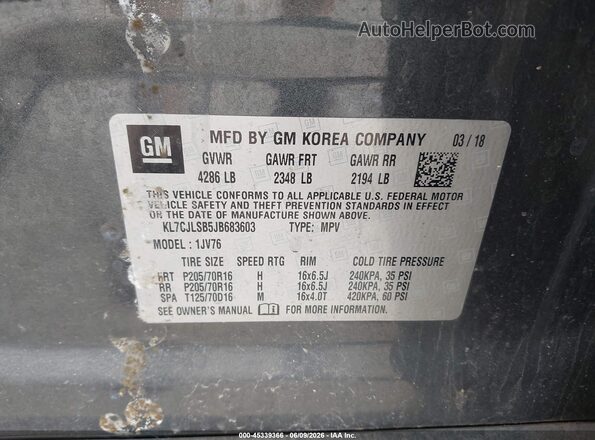 KL7CJLSB5JB683603 2018 CHEVROLET TRAX Серый Вид подкапотного пространства
