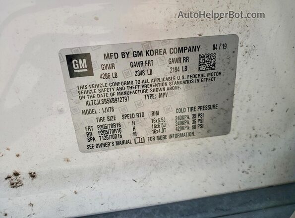 KL7CJLSB5KB912797 2019 CHEVROLET TRAX Белый 