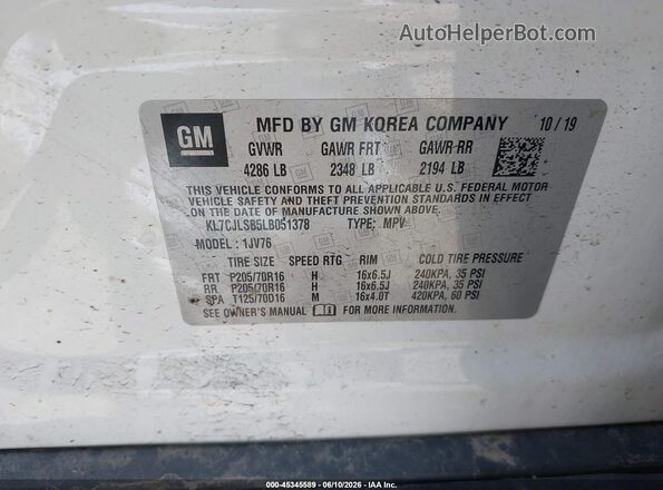 KL7CJLSB5LB051378 2020 CHEVROLET TRAX White ძრავის განყოფილების ხედი