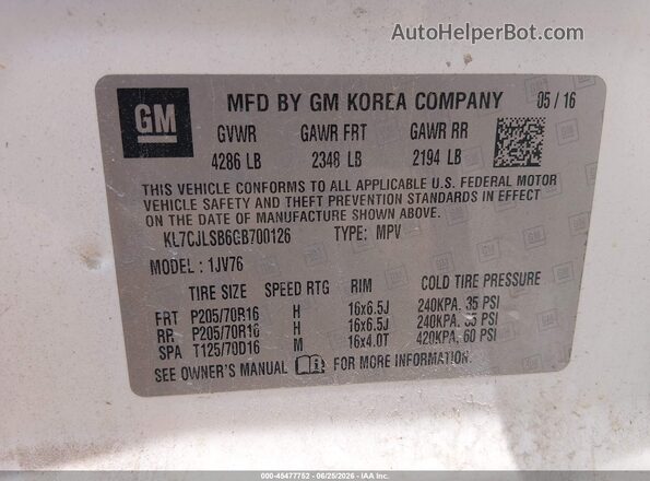 KL7CJLSB6GB700126 2016 CHEVROLET TRAX White Вид підкапотного простору