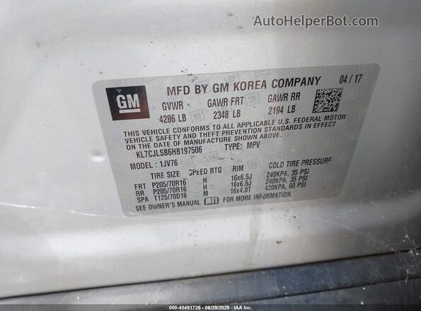 KL7CJLSB6HB197506 2017 CHEVROLET TRAX Silver Vista del compartimento del motor
