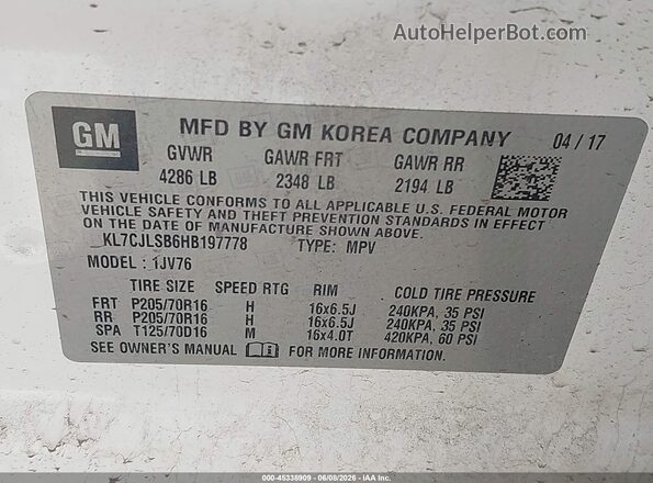 KL7CJLSB6HB197778 2017 CHEVROLET TRAX White 