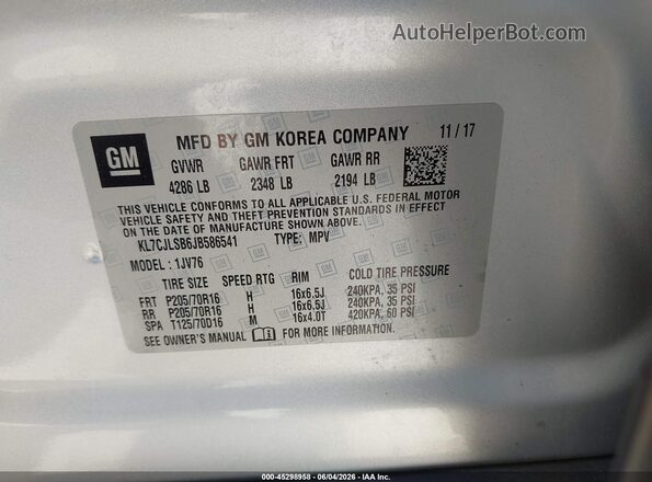 KL7CJLSB6JB586541 2018 CHEVROLET TRAX Silver ძრავის განყოფილების ხედი