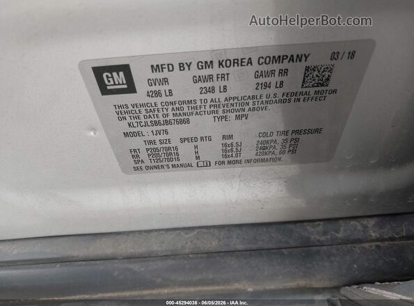 KL7CJLSB6JB676868 2018 CHEVROLET TRAX Silver 