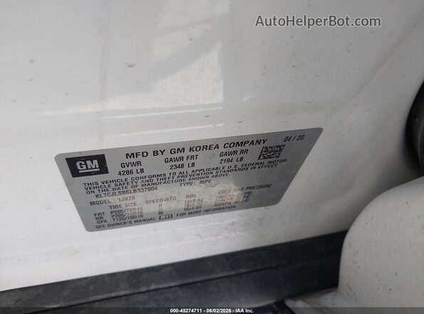 KL7CJLSB6LB337904 2020 CHEVROLET TRAX White 