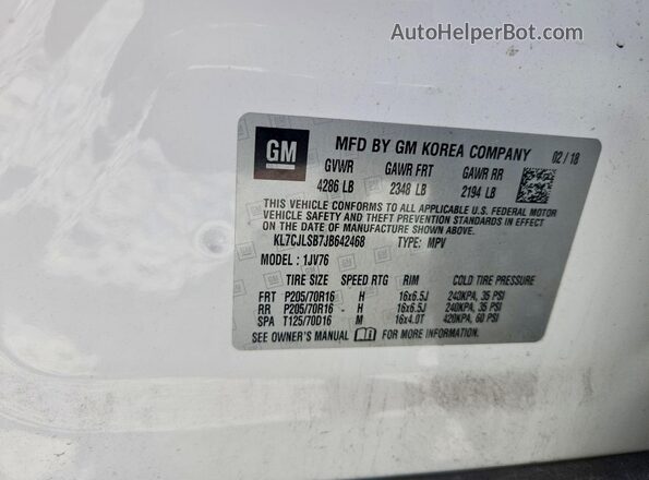KL7CJLSB7JB642468 2018 CHEVROLET TRAX White 