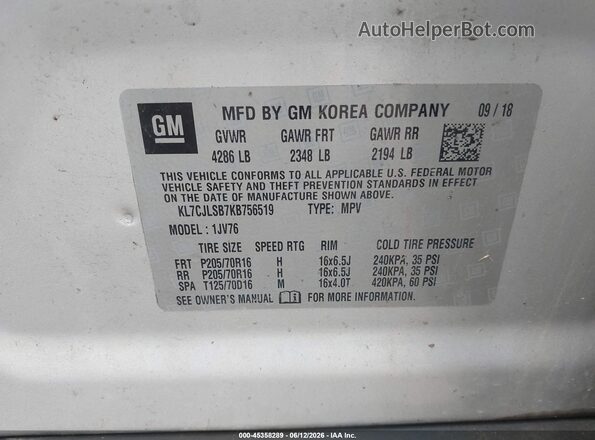 KL7CJLSB7KB756519 2019 CHEVROLET TRAX Silver Vista del compartimento del motor