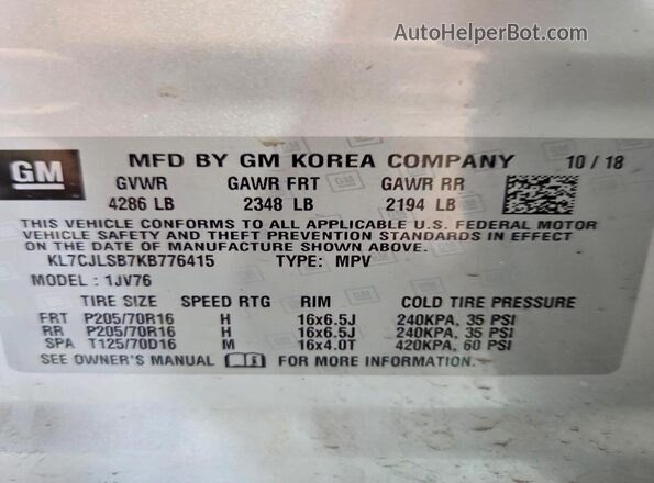 KL7CJLSB7KB776415 2019 CHEVROLET TRAX Silver Widok komory silnika