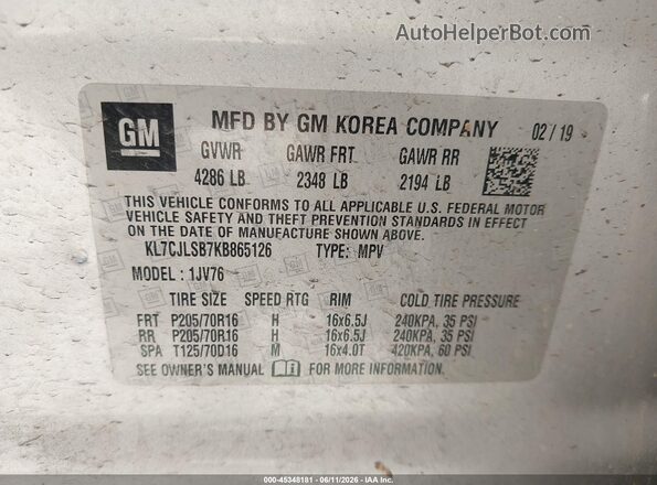 KL7CJLSB7KB865126 2019 CHEVROLET TRAX Silver ძრავის განყოფილების ხედი