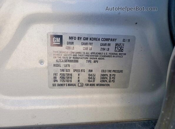 KL7CJLSB7KB893086 2019 CHEVROLET TRAX Silver VIN կոդի պիտակի տեսք