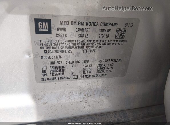 KL7CJLSB7KB917225 2019 CHEVROLET TRAX Silver Vista del compartimento del motor