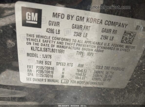 KL7CJLSB7LB011691 2020 CHEVROLET TRAX Black Vista del compartimento del motor