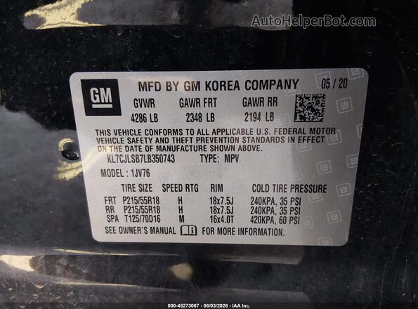 KL7CJLSB7LB350743 2020 CHEVROLET TRAX Black ძრავის განყოფილების ხედი