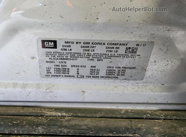 KL7CJLSB8HB224317 2017 CHEVROLET TRAX Silver VIN sticker view