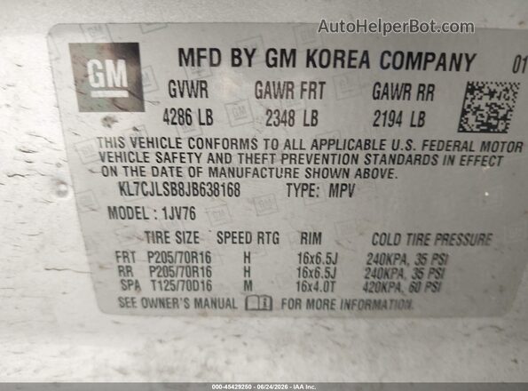 KL7CJLSB8JB638168 2018 CHEVROLET TRAX Silver Vista del compartimento del motor
