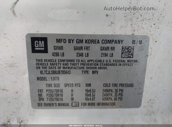 KL7CJLSB8JB705643 2018 CHEVROLET TRAX White Vista del compartimento del motor