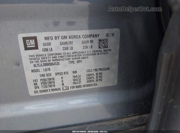 KL7CJLSB8KB864535 2019 CHEVROLET TRAX Silver Շարժիչի բաժամունքի տեսք