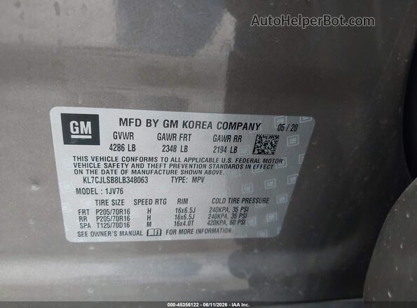 KL7CJLSB8LB348063 2020 CHEVROLET TRAX Brown Вид підкапотного простору