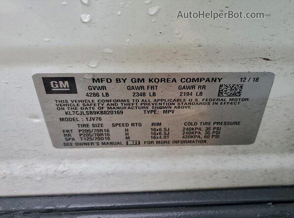 KL7CJLSB9KB820169 2019 CHEVROLET TRAX White VIN sticker view