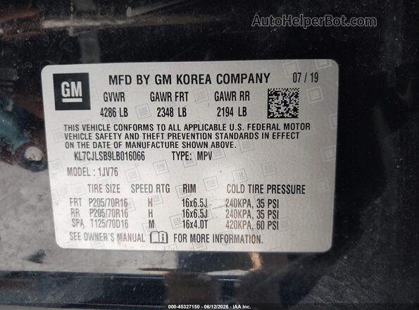 KL7CJLSB9LB016066 2020 CHEVROLET TRAX Черный Вид подкапотного пространства