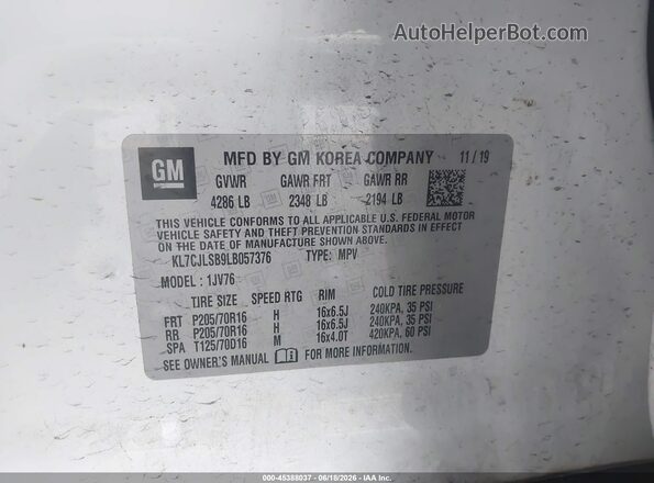 KL7CJLSB9LB057376 2020 CHEVROLET TRAX White Engine compartment view
