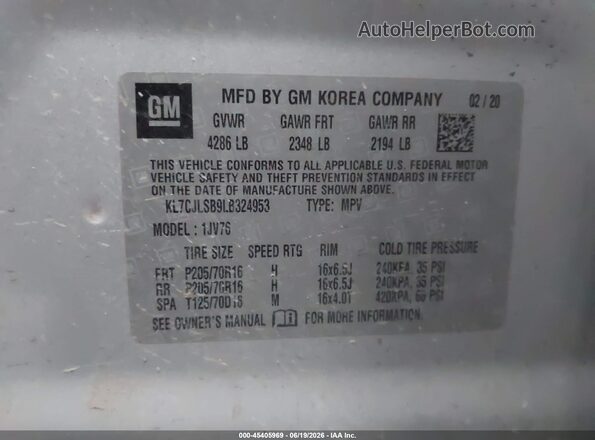 KL7CJLSB9LB324953 2020 CHEVROLET TRAX Silver ძრავის განყოფილების ხედი