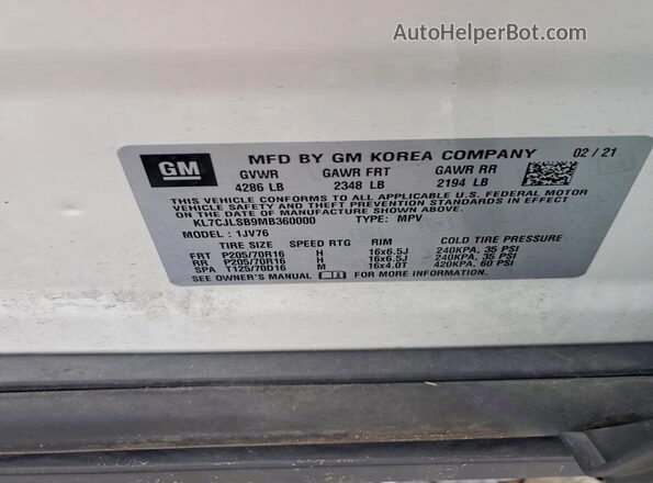 KL7CJLSB9MB360000 2021 CHEVROLET TRAX White 