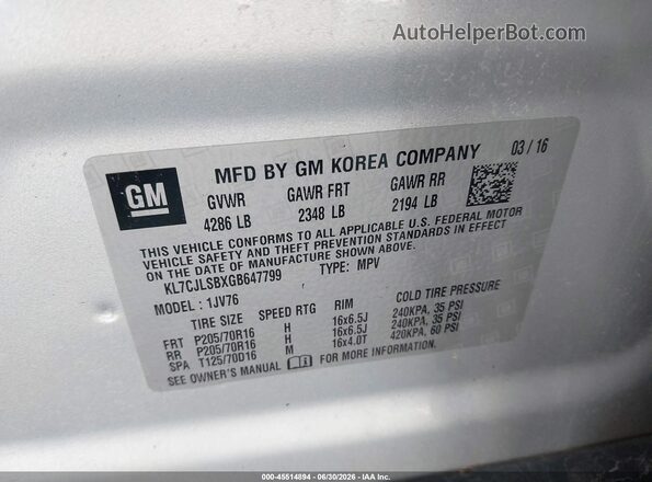 KL7CJLSBXGB647799 2016 CHEVROLET TRAX Silver Շարժիչի բաժամունքի տեսք