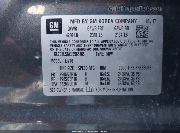 KL7CJLSBXJB565465 2018 CHEVROLET TRAX Gray ძრავის განყოფილების ხედი