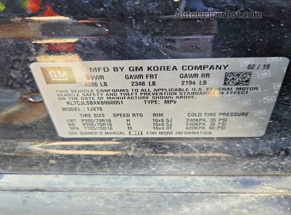 KL7CJLSBXKB860051 2019 CHEVROLET TRAX Black Vista interior de 360 grados