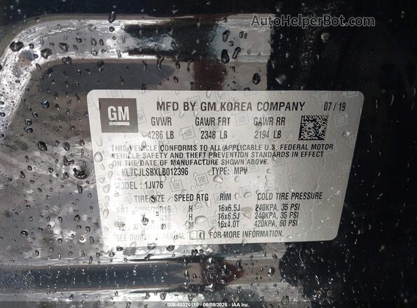 KL7CJLSBXLB012396 2020 CHEVROLET TRAX Black Вид підкапотного простору