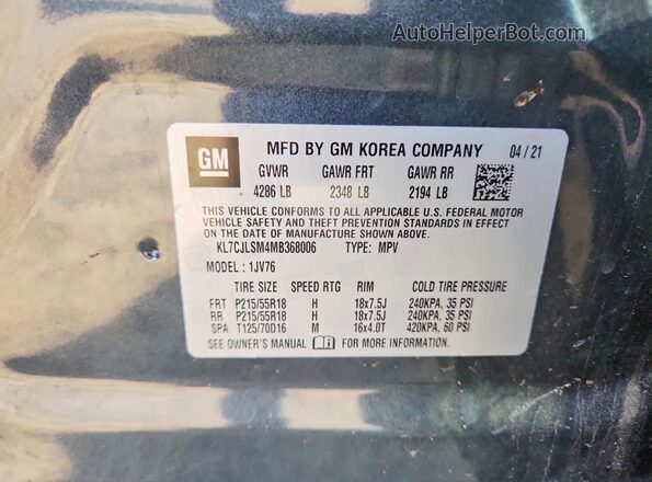 KL7CJLSM4MB368006 2021 CHEVROLET TRAX Black VIN sticker view
