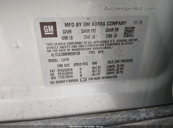 KL7CJLSM8NB509130 2022 CHEVROLET TRAX Серебряный Вид подкапотного пространства