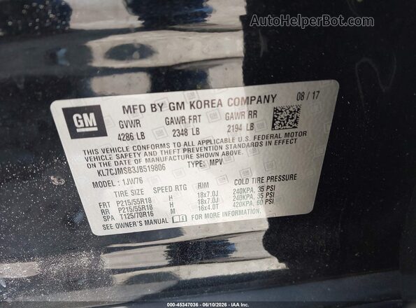 KL7CJMSB3JB519806 2018 CHEVROLET TRAX Black ძრავის განყოფილების ხედი