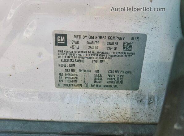 KL7CJNSB3LB315015 2020 CHEVROLET TRAX Белый Вид наклейки с VIN-кодом