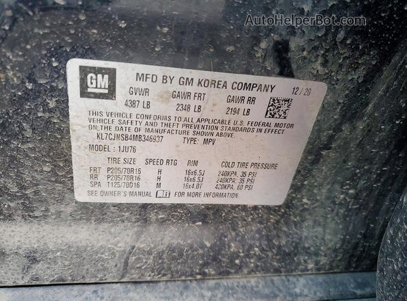 KL7CJNSB4MB346937 2021 CHEVROLET TRAX Black VIN კოდის სტიკერის ხედი