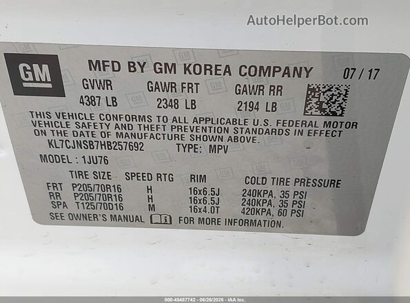 KL7CJNSB7HB257692 2017 CHEVROLET TRAX White Widok komory silnika