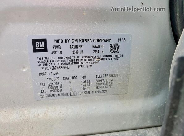 KL7CJNSB7MB356443 2021 CHEVROLET TRAX Silver Vista de la etiqueta del VIN