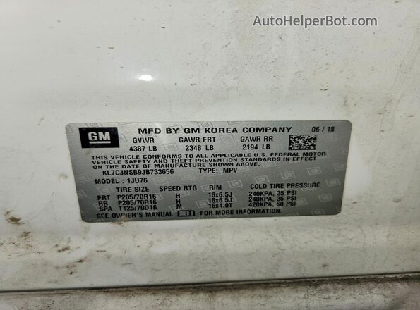 KL7CJNSB9JB733656 2018 CHEVROLET TRAX White 