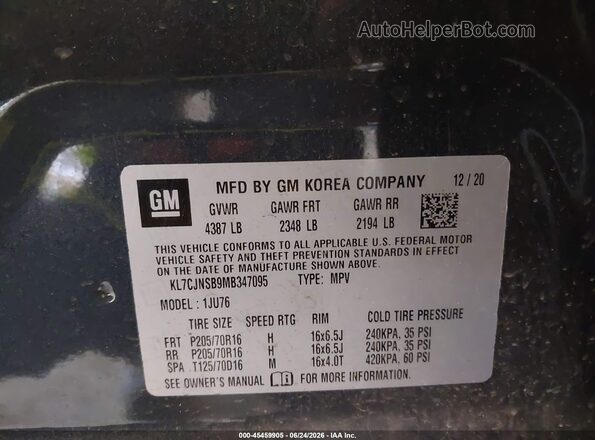 KL7CJNSB9MB347095 2021 CHEVROLET TRAX Gray Widok komory silnika