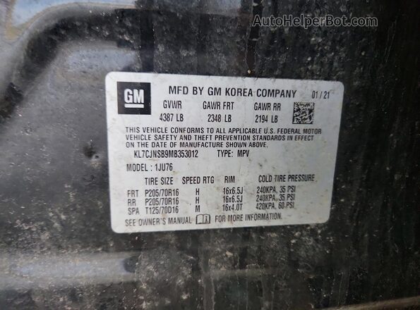 KL7CJNSB9MB353012 2021 CHEVROLET TRAX Black Widok naklejki z numerem VIN