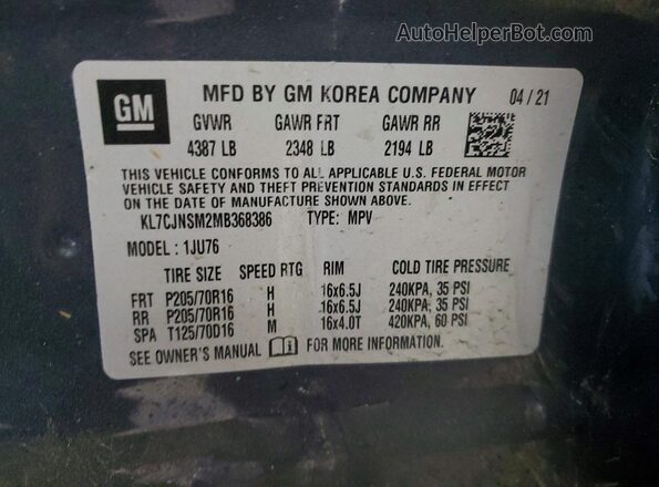 KL7CJNSM2MB368386 2021 CHEVROLET TRAX Blue VIN sticker view