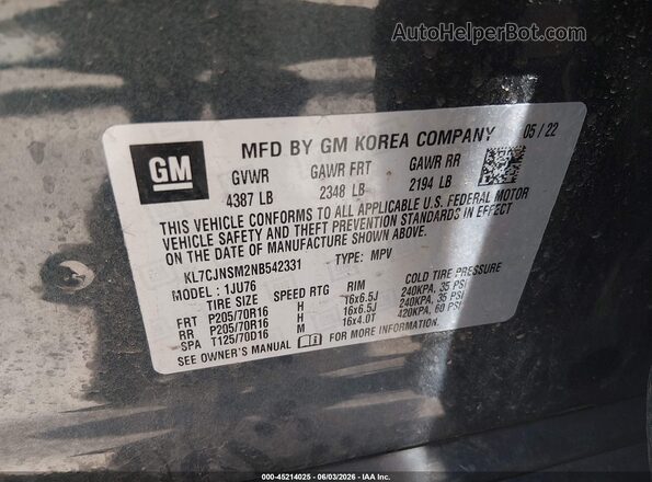 KL7CJNSM2NB542331 2022 CHEVROLET TRAX Gray ძრავის განყოფილების ხედი