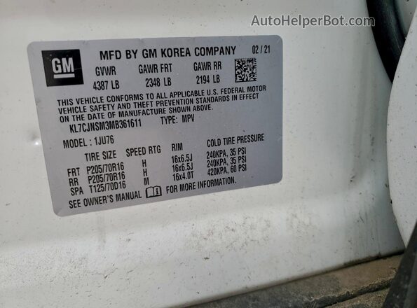 KL7CJNSM3MB361611 2021 CHEVROLET TRAX White Vista de la etiqueta del VIN