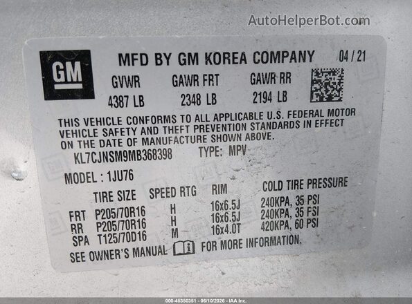 KL7CJNSM9MB368398 2021 CHEVROLET TRAX Silver ძრავის განყოფილების ხედი