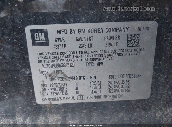 KL7CJPSB0KB835120 2019 CHEVROLET TRAX Black Engine compartment view