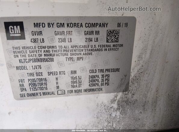 KL7CJPSB0KB956200 2019 CHEVROLET TRAX White Engine compartment view