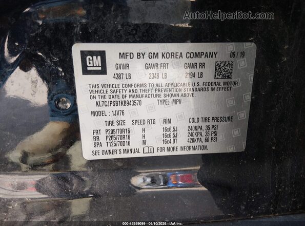 KL7CJPSB1KB943570 2019 CHEVROLET TRAX Black Շարժիչի բաժամունքի տեսք