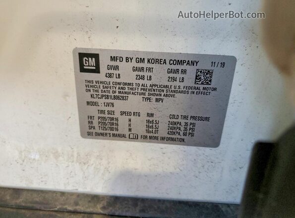 KL7CJPSB1LB062837 2020 CHEVROLET TRAX White VIN კოდის სტიკერის ხედი