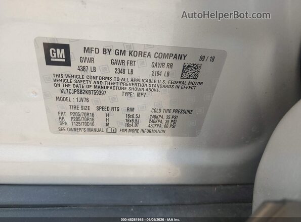 KL7CJPSB2KB759397 2019 CHEVROLET TRAX Gray Widok komory silnika
